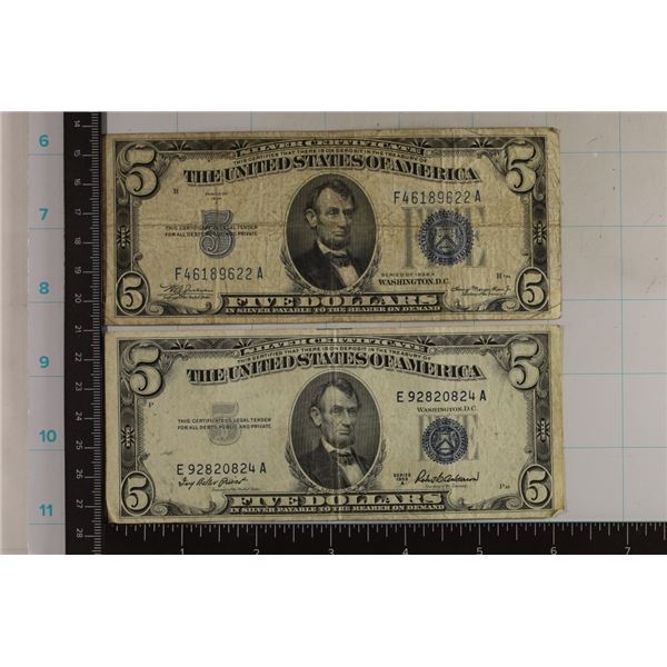 1934-A & 1953-A US $5 SILVER CERT. BLUE SEALS