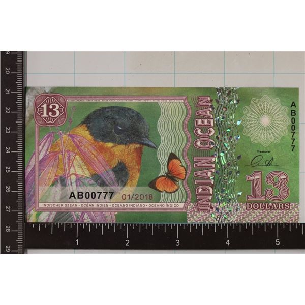 2018 INDIAN OCEAN $13 CRISP UNC COLORIZED BILL