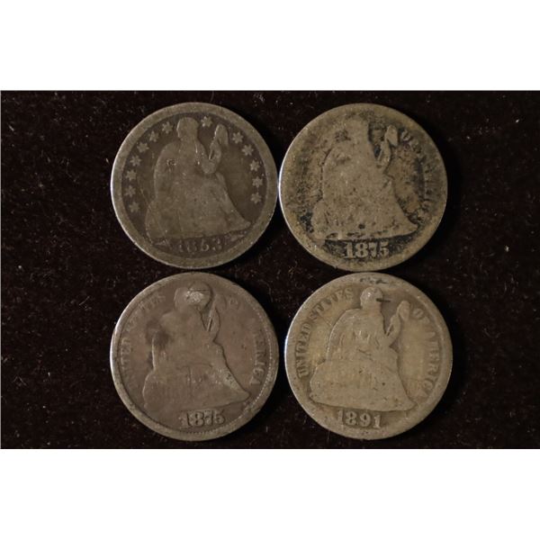 1853, 2-1875 & 1891 SILVER SEATED LIBERTY DIMES