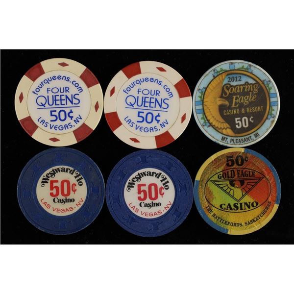6-50 CENT CASINO GAMING CHIPS: 2-FOUR QUEENS,