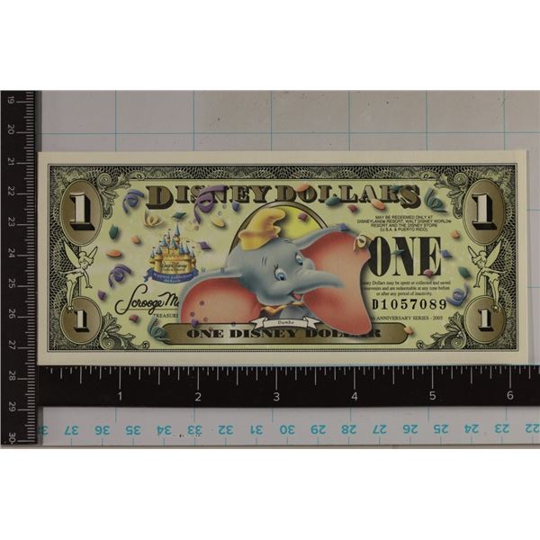 2005 ONE DISNEY DOLLAR COLORIZED DUMBO BILL. CU