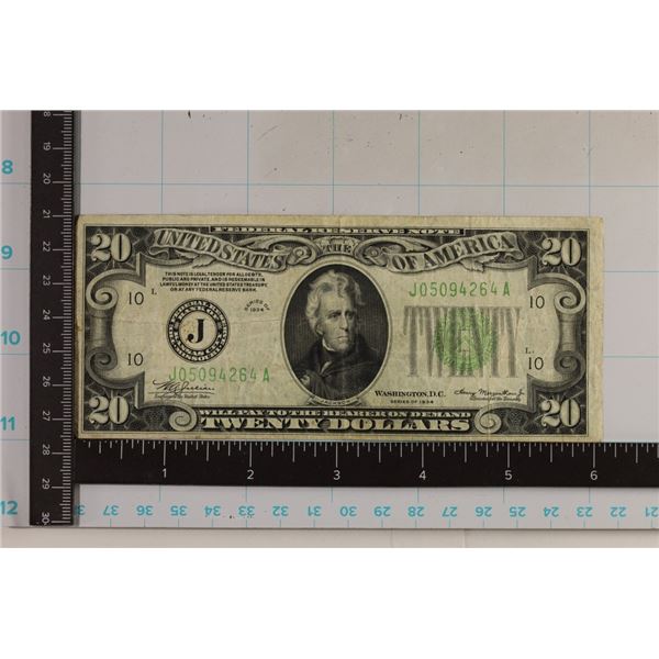 1934 US $20 FRN, GREEN SEAL