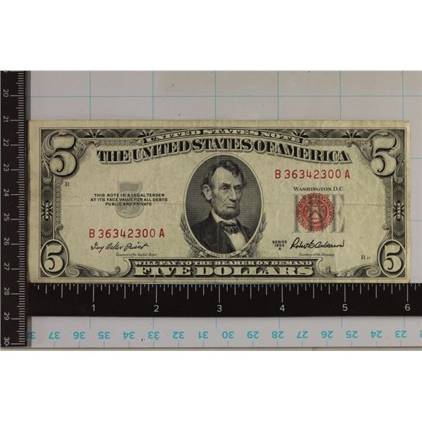 1953-A US $5 RED SEAL NOTE