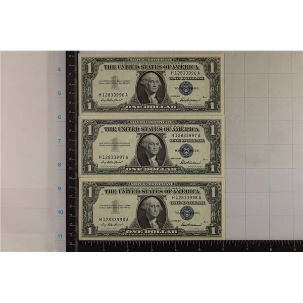 3-1957 US $1 CRISP UNC CONSECUTIVE NUMBER SILVER