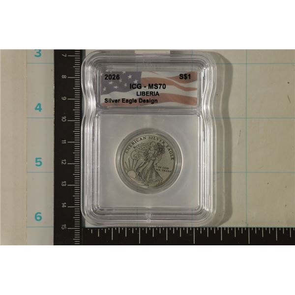 2026 LIBERIA SILVER 1/10 OZ. .999 $1 ICG MS70