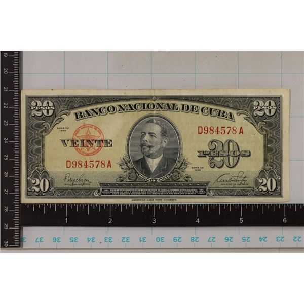 1949 CUBA 20 PESO BILL CRISP AU, 2 PINHOLES NOTED