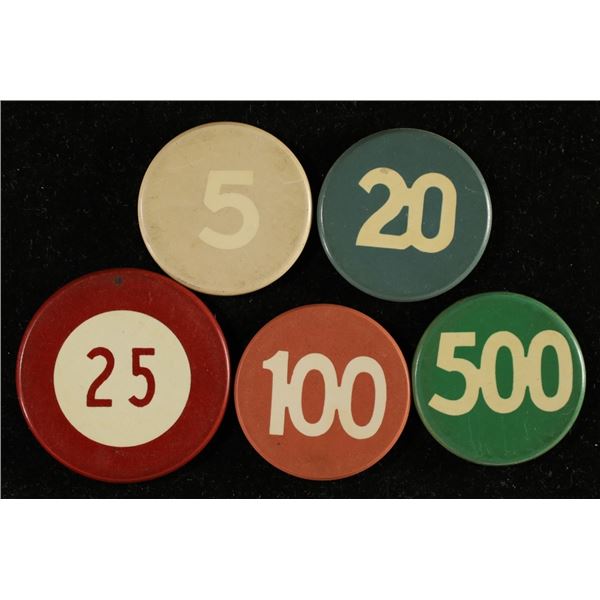 5 CLAY DENOMINATIONAL POKER CHIPS: 5, 20, 25, 100