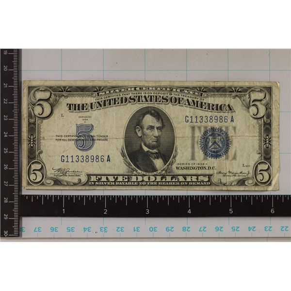 1934-A US $5 SILVER CERT. BLUE SEAL