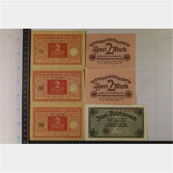6 GERMAN 2 MARK CRISP BILLS: 3-1920, 2-1922 &