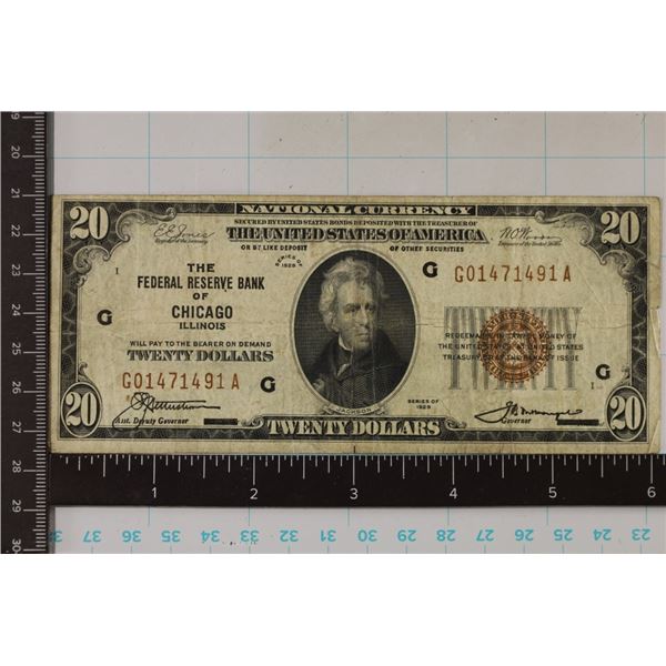 1929 FEDERAL RESERVE BANK OF CHICAGO $20 NATIONAL