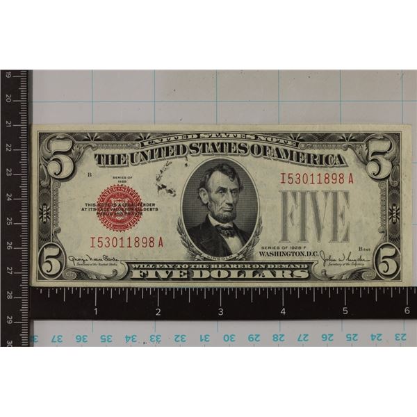 1928-F US $5 RED SEAL CRISP AU NOTE.  BLACK INK ON