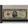 Image 1 : 1928-F US $5 RED SEAL CRISP AU NOTE.  BLACK INK ON