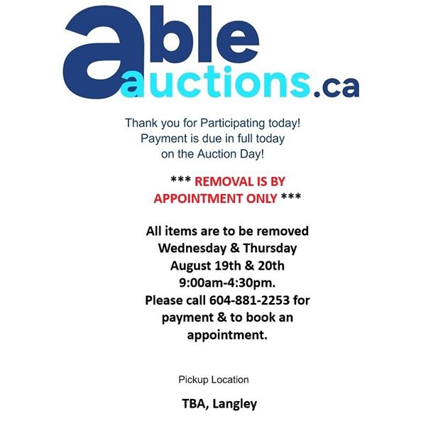 *Pick up is by appointment only. Wednesday August 19th & Thursday August 20th 9:00am-4:30pm