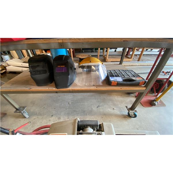 2 WELDING HELMETS, FACE SHIELD & HARDWARE ORGANIZER WITH ASSORTED HARDWARE CONTENTS