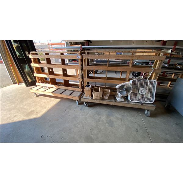 PAIR OF WOOD A-FRAME PANEL CARTS WITH ASSORTED ITEMS - CARTS MEASURE APPROX 6'L X 3'D X 4'9"H
