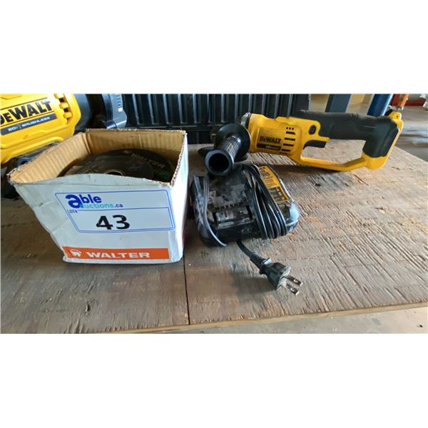 DEWALT DCG412 GRINDER, BOX OF ASSORTED GRINDING WHEELS, CHARGER *NO BATTERIES*