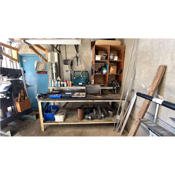 WORK BENCH WITH ASSORTED SHOP ITEMS- HEAVY DUTY CASTERS, BENCH VICE, HOLE SAWS, TOOL BOX,