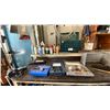 Image 3 : WORK BENCH WITH ASSORTED SHOP ITEMS- HEAVY DUTY CASTERS, BENCH VICE, HOLE SAWS, TOOL BOX,
