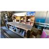 Image 2 : WOODEN MOBILE WORKBENCH WITH ASSORTED SHOP ITEMS- HARDWARE, ELECTRICAL ITEMS, WRENCHES & MORE
