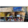 Image 3 : WOODEN MOBILE WORKBENCH WITH ASSORTED SHOP ITEMS- HARDWARE, ELECTRICAL ITEMS, WRENCHES & MORE