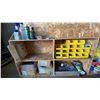 Image 4 : WOODEN MOBILE WORKBENCH WITH ASSORTED SHOP ITEMS- HARDWARE, ELECTRICAL ITEMS, WRENCHES & MORE
