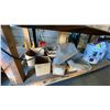 Image 5 : WOODEN MOBILE WORKBENCH WITH ASSORTED SHOP ITEMS- HARDWARE, ELECTRICAL ITEMS, WRENCHES & MORE