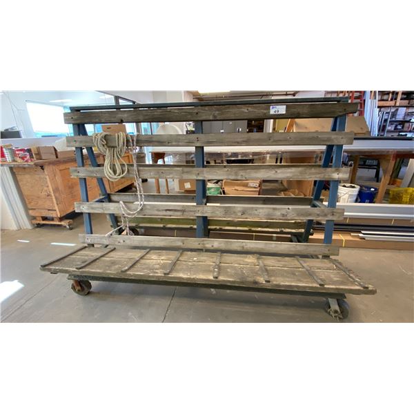 LARGE METAL FRAME WITH WOOD A-FRAME PANEL CART APPROX 7'L X 4'D X 4'9"H