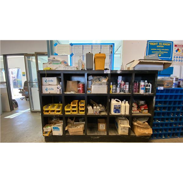 WOODEN CUBBY STYLE SHELVING, APPROX DIMENSIONS 80X54X15 (INCHES) CONTENTS INCLUDE FIRST AID