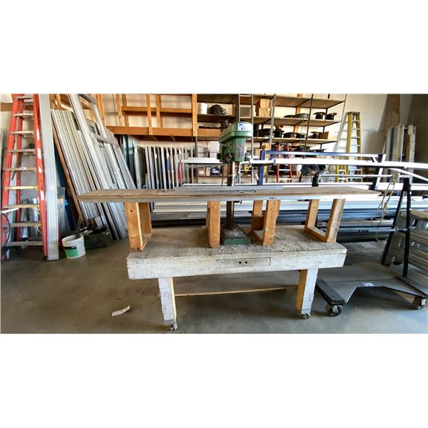 REXON RDM-100A, 1/3HP INDUSTRIAL DRILL PRESS ON WOODEN MOBILE TABLE, TABLE MEASURES APPROX 8'L X