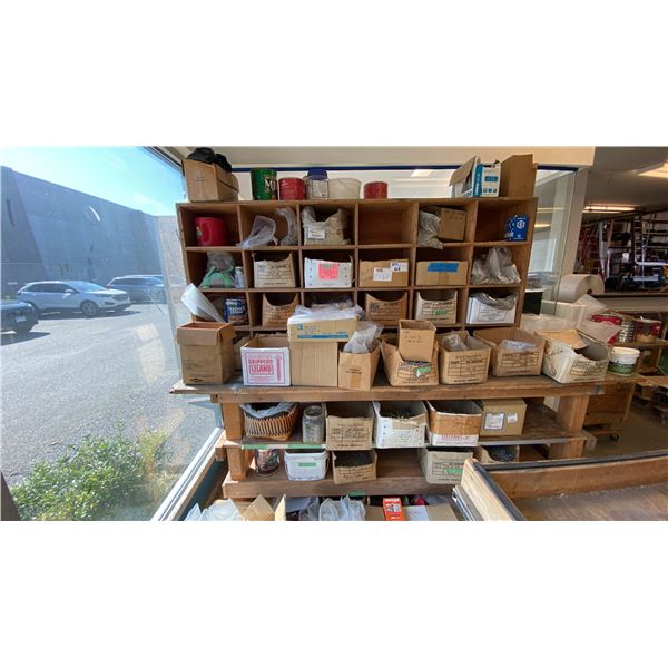 LARGE MOBILE WOODEN STORAGE SHELF WITH ASSORTED HARDWARE CONTENTS- SHELF MEASURES APPROX 8'L X 2'D