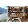 Image 1 : LARGE MOBILE WOODEN STORAGE SHELF WITH ASSORTED HARDWARE CONTENTS- SHELF MEASURES APPROX 8'L X 2'D