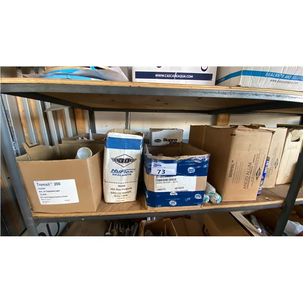 ENTIRE SHELF OF ASSORTED CONTENTS- SEALANTS, ADHESIVES & RUBBER STRIPPING