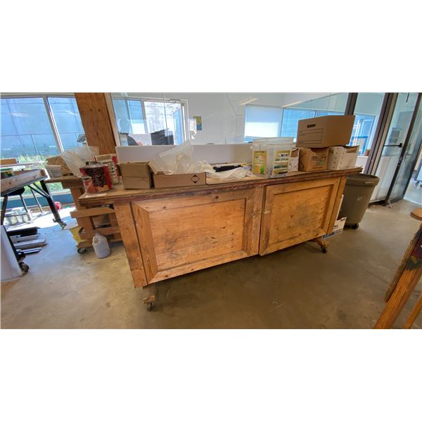 MOBILE WOODEN SHOP TABLE/CABINET WITH ASSORTED HARDWARE & HANDLES