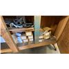 Image 3 : MOBILE WOODEN SHOP TABLE/CABINET WITH ASSORTED HARDWARE & HANDLES