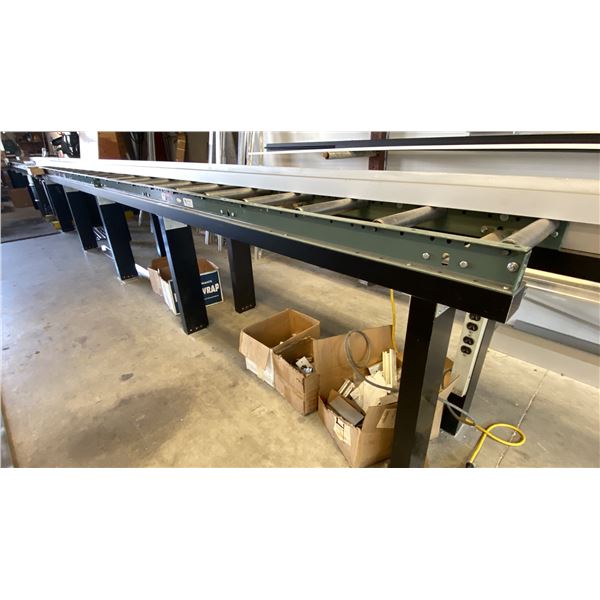 PAIR OF HYTROL HEAVY DUTY ROLLER CONVEYORS APPROX 20'L X 18"D X 37"H WITH GUIDE RAILS *MUST BRING