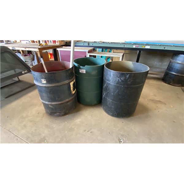 SMALL CABINET, METAL CART, METAL BARREL & 2 PLASTIC BARRELS