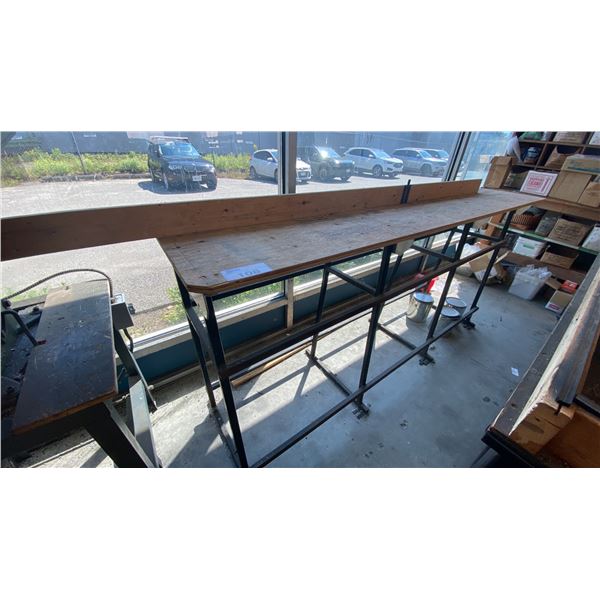 METAL FRAME WOOD TOP SHOP TABLE WITH WOODEN GUIDE RAIL APPROX 96"L X 19"D X 40"H