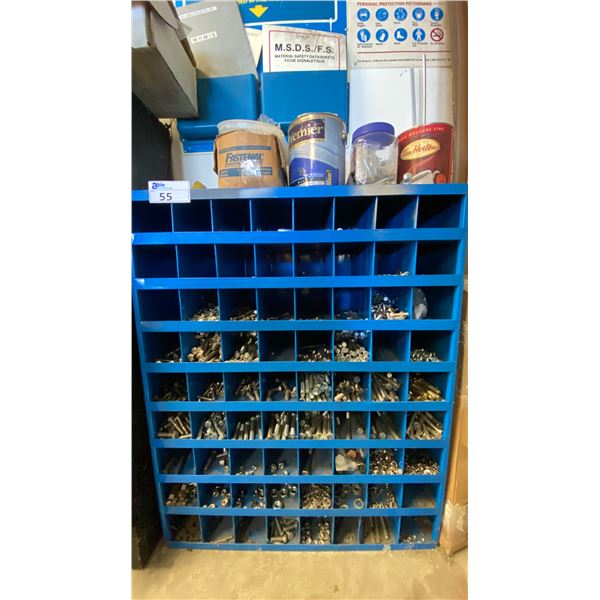 DURHAM BLUE METAL 72 SECTION HARDWARE CABINET WITH ASSORTED HARDWARE CONTENTS
