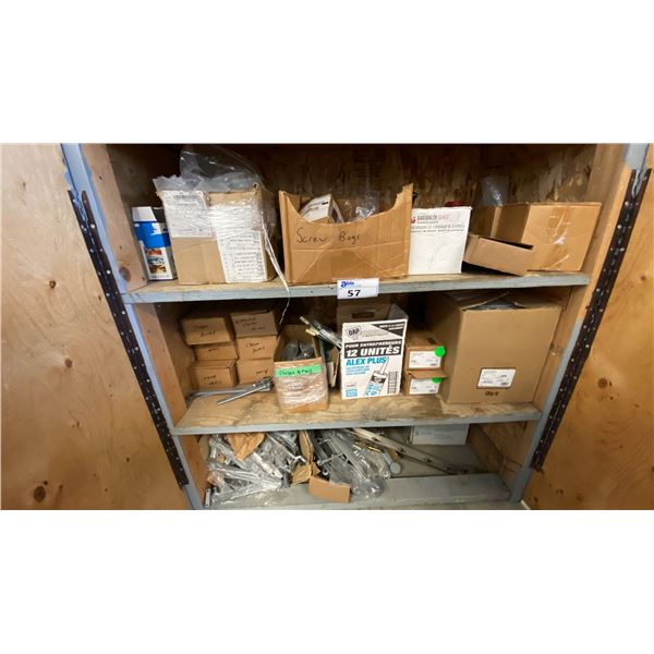 CONTENTS OF LOWER CABINET- ASSORTED GLAZING HARDWARE, PARTS & COMPONENTS