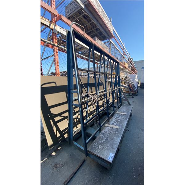 LARGE METAL FRAME WITH WOOD A-FRAME PANEL CART APPROX 92"L X 50"D X 83"H & 2 LARGE 8' WOODEN SAW