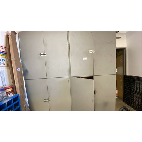 LARGE GREY 8 DOOR STORAGE UNIT APPROX 98"W X 98"D X 25"D