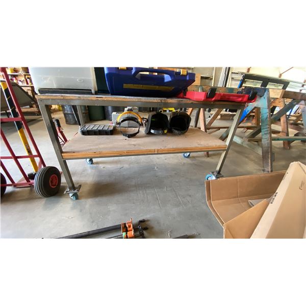 METAL FRAME WOOD TOP MOBILE SHOP TABLE 54"L X 24"D X 32"H