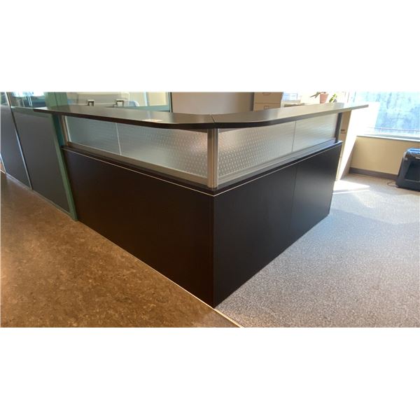 DARK WOOD RECEPTIONS DESK WITH 3 DRAWERS & LOCKING CUPBOARD, MEASURES APPROX 6' X 6' X 42"H