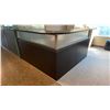 Image 1 : DARK WOOD RECEPTIONS DESK WITH 3 DRAWERS & LOCKING CUPBOARD, MEASURES APPROX 6' X 6' X 42"H