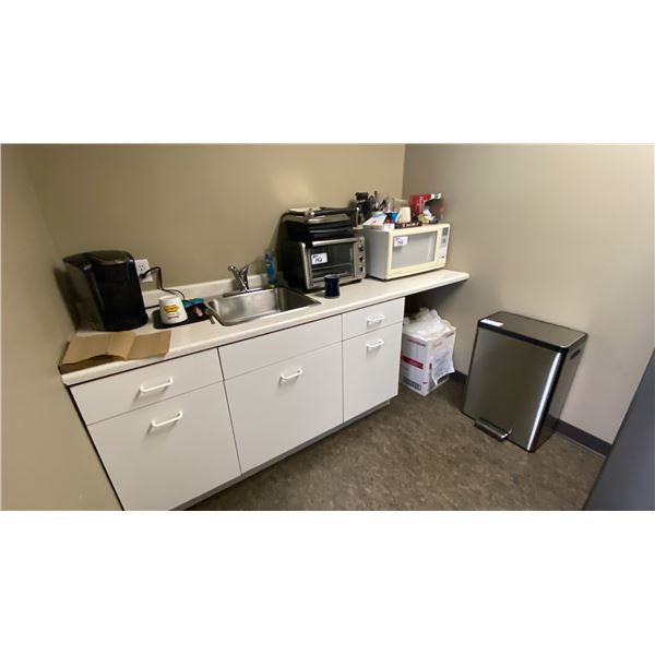 STAINLESS STEEL GARBAGE CAN, KEURIG MACHINE, TOASTER OVEN, PANINI PRESS & MICROWAVE