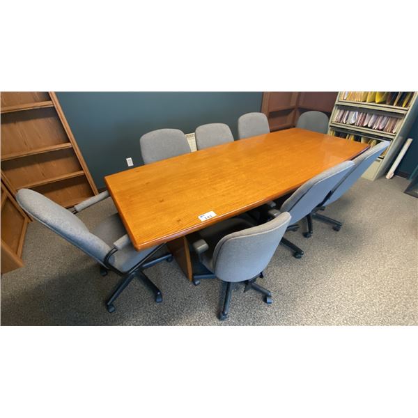 LARGE BOARDROOM TABLE WITH 8 MOBILE OFFICE CHAIRS - TABLE MEASURES APPROX 95"L X 38"D X 29"H