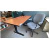 Image 1 : LIGHT WOOD/BLACK POWERED ADJUSTABLE HEIGHT OFFICE DESK APPROX 60"L X 30"D  & MOBILE OFFICE CHAIR