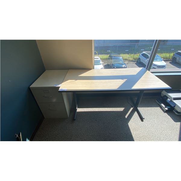 LIGHT WOOD/BLACK OFFICE DESK & SMALL FILING CABINET APPROX 60"L X 30"D X 29"H