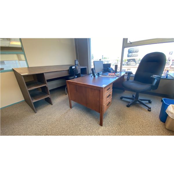 DARK WOOD 5 DRAWER OFFICE DESK, LARGE WOODEN DRAFTING STATION, EXECUTIVE MOBILE OFFICE CHAIR & BAR
