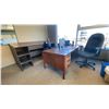 Image 1 : DARK WOOD 5 DRAWER OFFICE DESK, LARGE WOODEN DRAFTING STATION, EXECUTIVE MOBILE OFFICE CHAIR & BAR